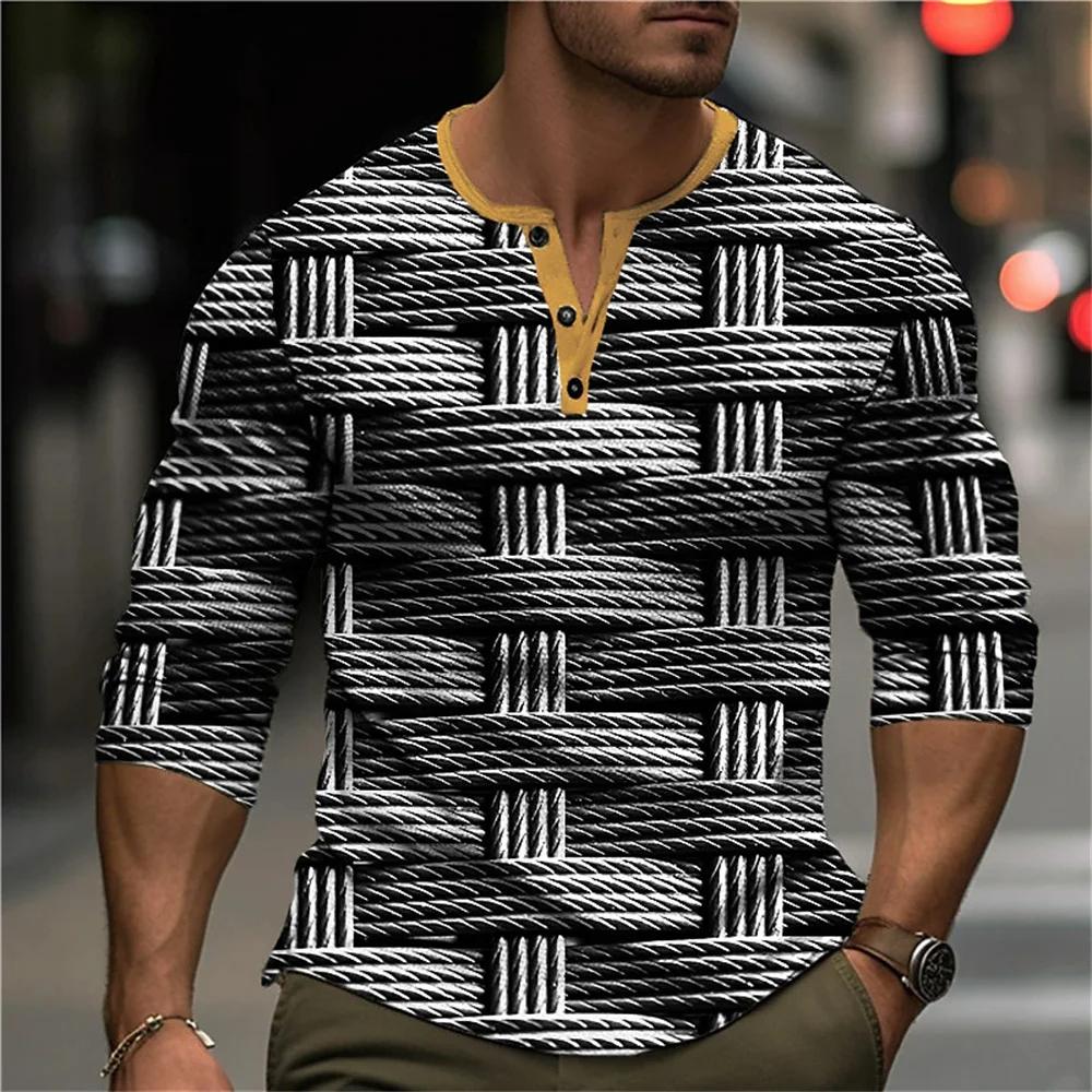 Chemises Henley Patchwork Color Block Automne Impression 3D Mode Homme Vintage Boutonnée Manches Longues T-Shirts Hauts Vêtements pour Homme