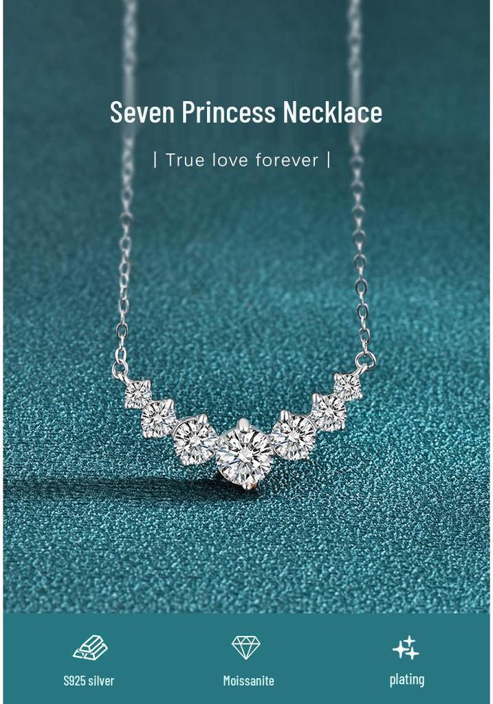 S925 Sterling Silver Moissanite Seven Princess Smile Necklace - Women's Fashion Versatile Pendant, Popular Style Silver Jewelry.