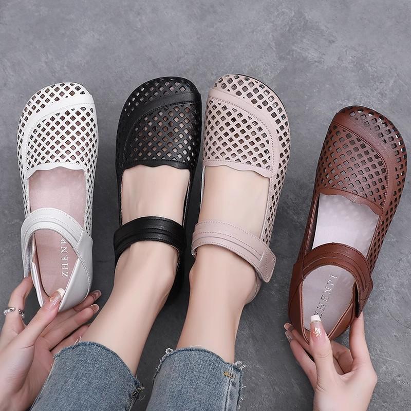 GKTINOO 2025 Summer Genuine Leather Hollow Shoes Woman Sandals Casual Mother Flat Soft Sole Comfortable Sandals Non-slip