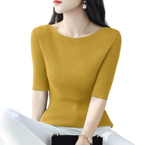 

Женские топы Slim Fit, однотонные, ребристые, с круглым вырезом и коротким рукавом, эластичные, с короткими рукавами, топы для повседневной носки жёлтый