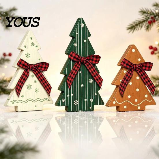 Rustic Christmas Tree Tabletop Ornaments 3Pcs Wooden with Plaid and Hemp Rope Bow, Farmhouse Indoor Decorations for Fireplace Polka Dot Xmas