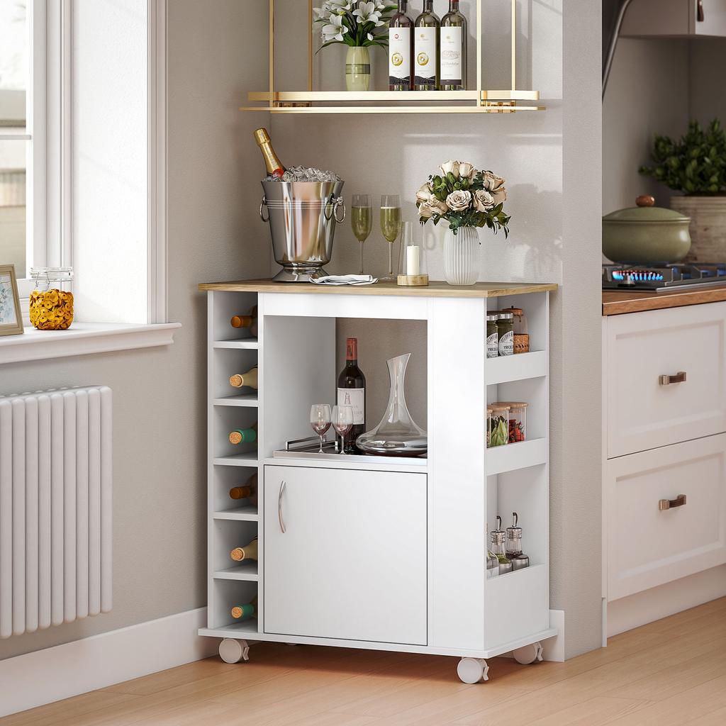 Kitchen Cart with Cabinet and Adjustable Shelves, Swivel Wheels and Brake, 75x39.5x88 cm, White