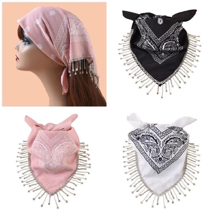 Cashew Flower Print Bandana for Adult Unisex Glittering Crystal Tassesls Head Scarf Neckerchief for Music Festival Party