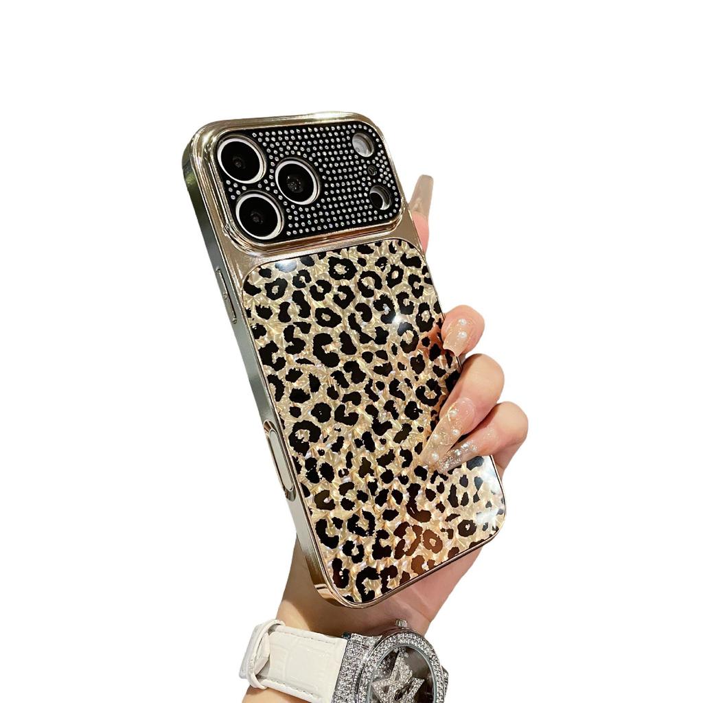 Leopard Print iPhone 17 Pro Max Case with Electroplated Water Flash Diamonds & Lens Protection