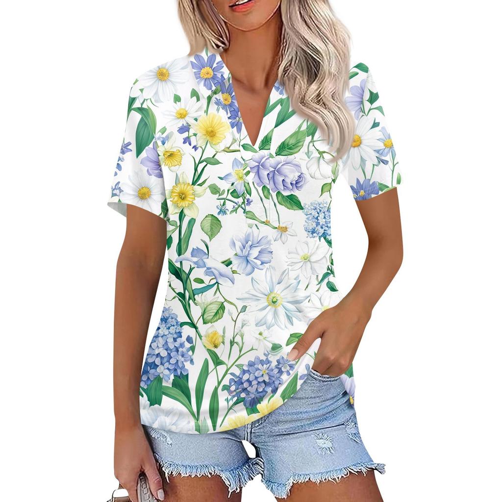Moda Donna Casual Risvolto Manica Corta Stampa Camicia Top da Donna con Scollo a V