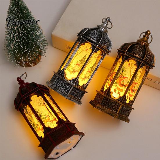 Decorative Holiday Desk Lamp Hexagon Christmas Lantern, LED Vintage Glowing Tabletop with Painted Night Light Scene, Flameless Candle for Bedroom And