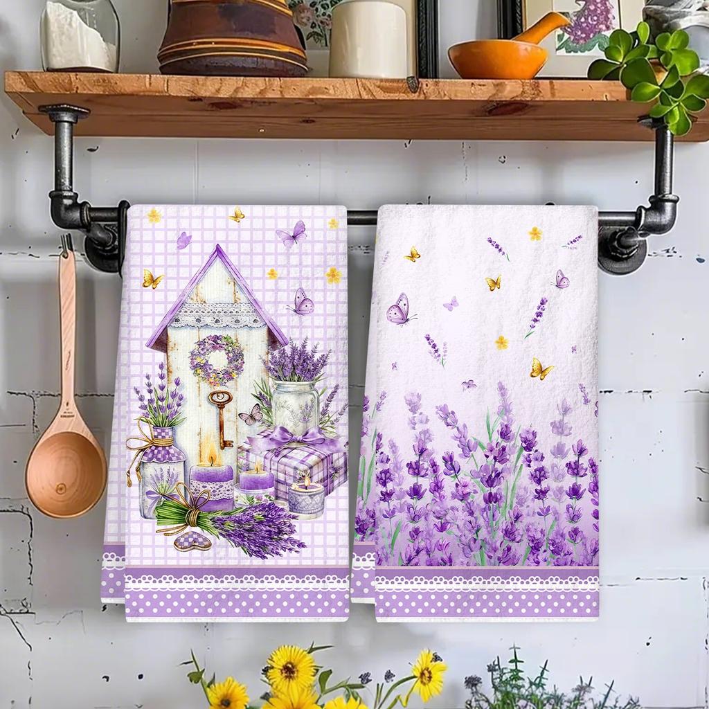 2pcs Wildflowers Lavender Kitchen Towels Spring Summer Floral Hand Towels Flowers Home Dish Towels for Kitchen Bathroom Decor