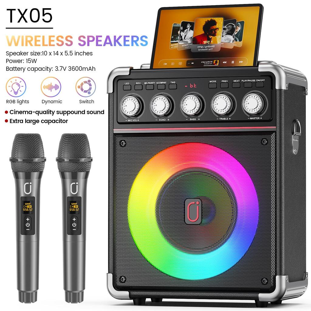Karaoke-Maschine mit 2 Mikrofonen: HWWR Tragbare Karaoke-Maschine für Erwachsene Kinder, Party-Bluetooth-Lautsprecher mit Bass-/Höhenregelung