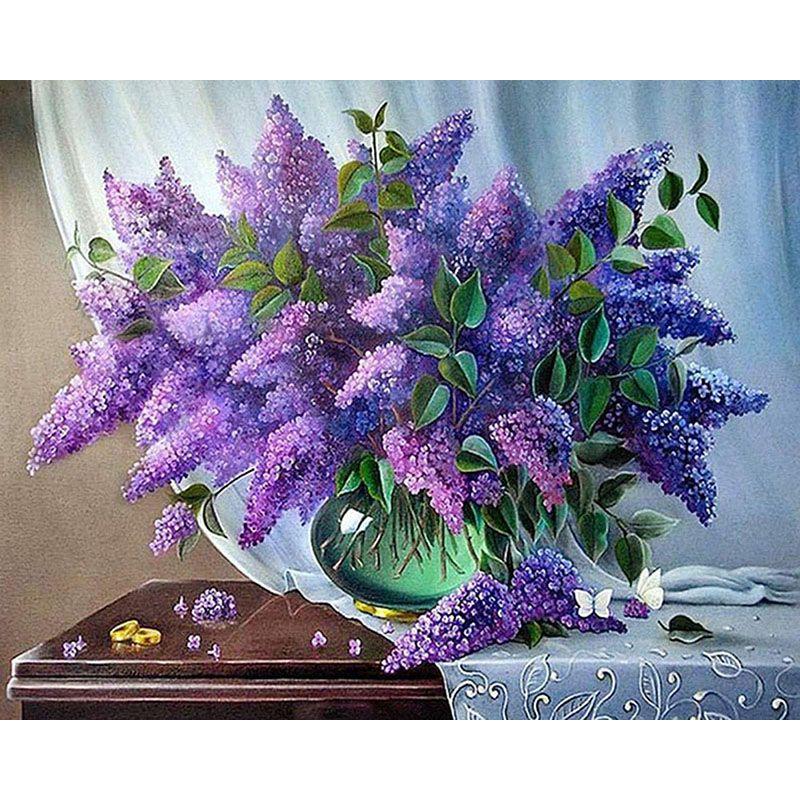 Diamond Painting Flowers Full Drill Round Diamond Embroidery Purple Lavender Picture Of Rhinestones Home Decor