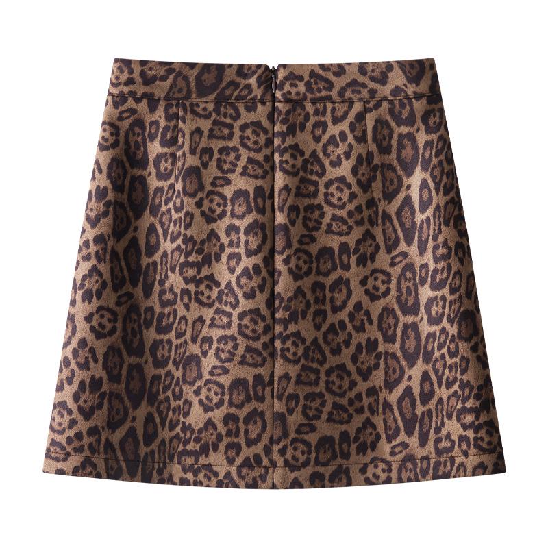 2024 Women's Khaki Suede Leopard Print Woolen Midi Skirt - New Autumn/Winter A-line Bodycon Design
