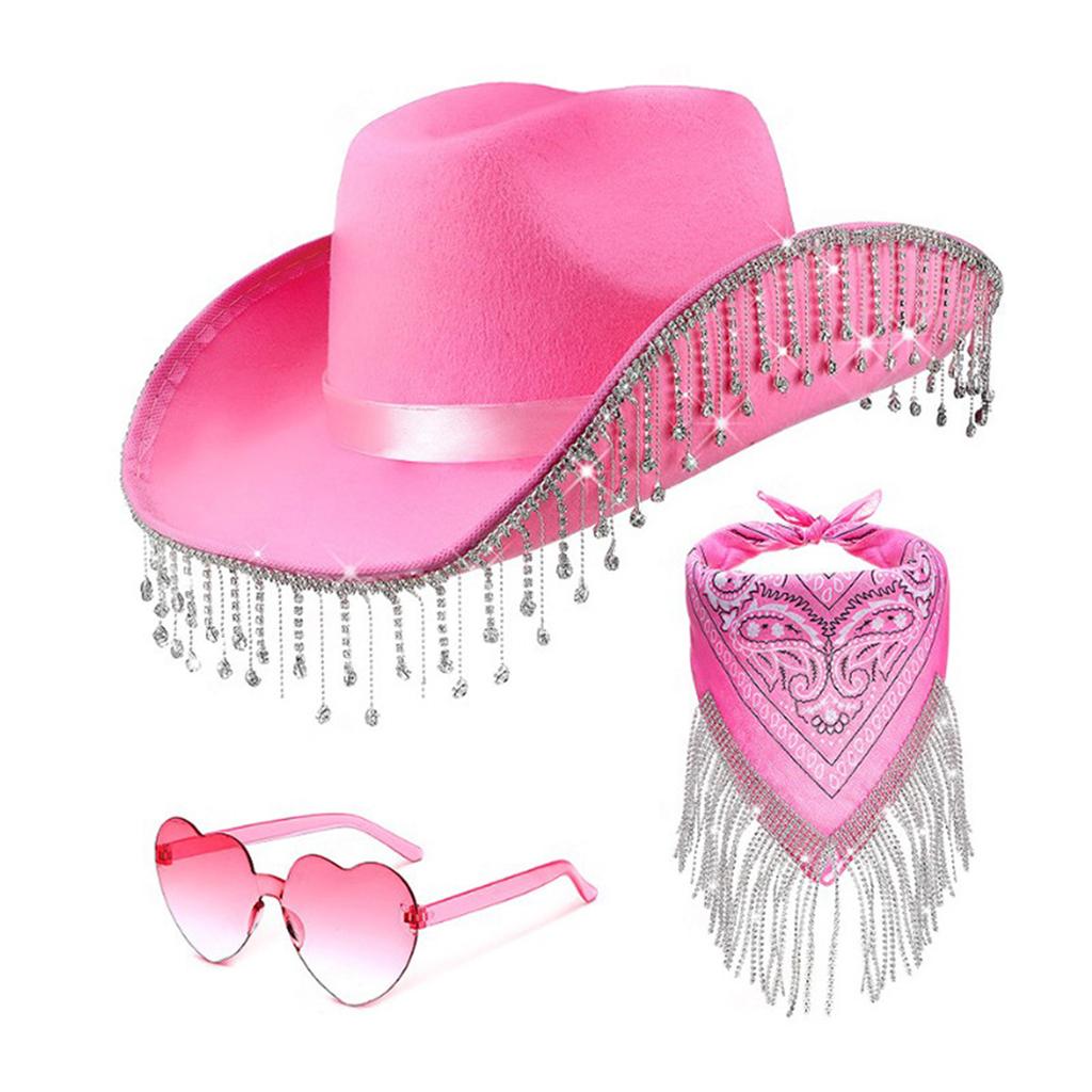 Fringed Cowboy Hat Scarf & Sunglasses Costume Set Western Cowgirl Hat Musical Festival Dress Up Bachelorette Party Props