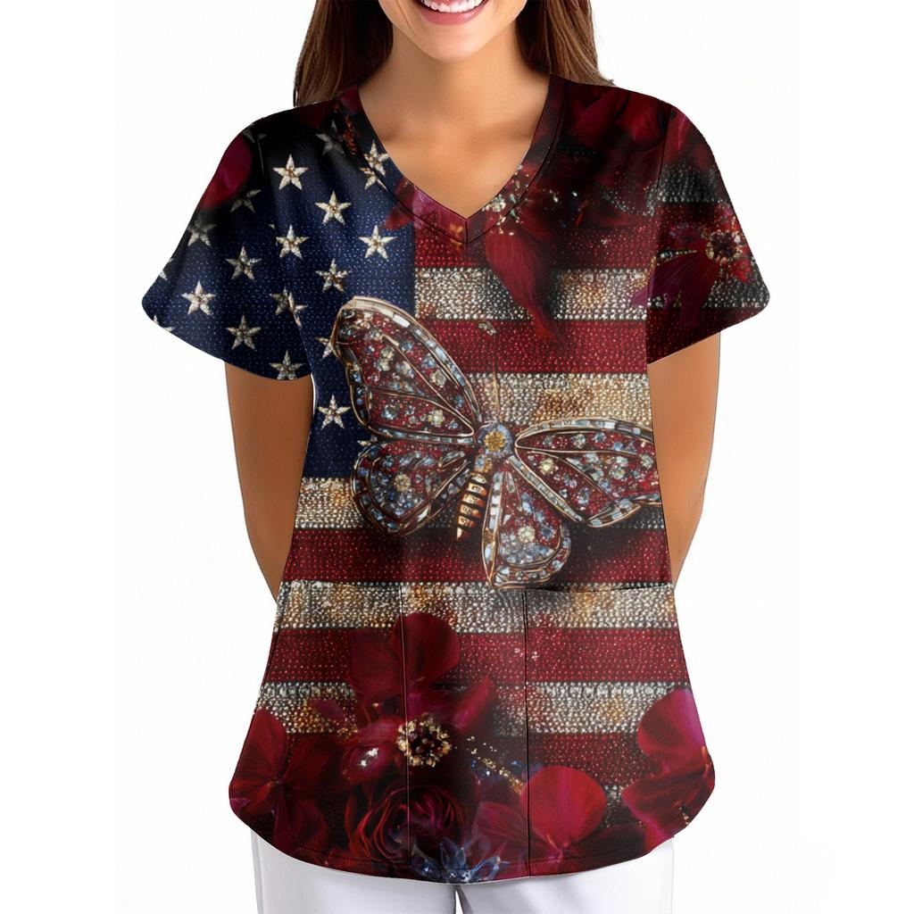 Women's Independence Day Printed Loose V-Neck Pocket Short-Sleeve Caregiver/Uniform