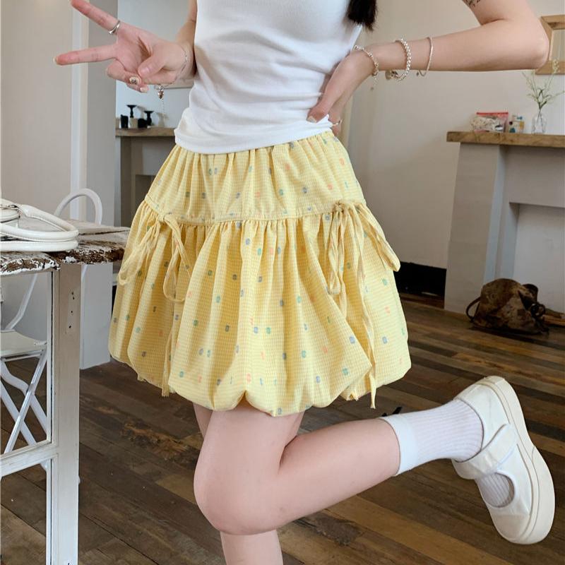 Sweet Polka Dot Floral Bow Tie Midi Skirt High Waist Anti-Sheer Puff A-Line Short Skirt
