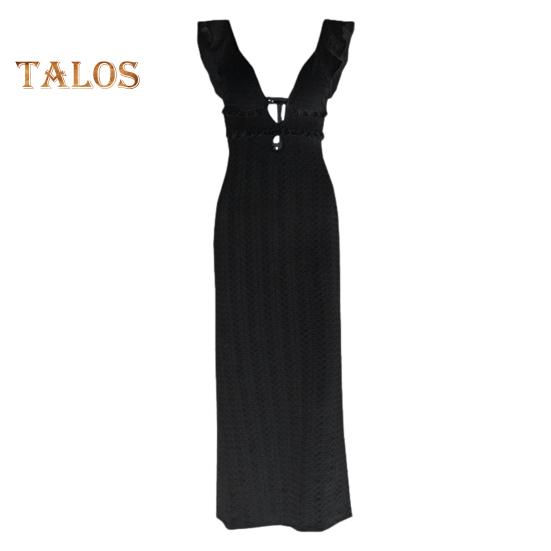 

Женское пляжное платье с открытой спиной, сплошное цветное трикотажное облегающее эластичное платье макси без рукавов на шнуровке для отдыха, вечернее платье без рукавов S чёрный