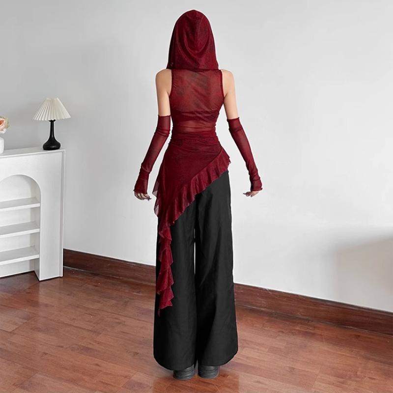 Vintage Gothic Hooded T Shirts Women Through Slim Y2K Tees Streetwear Harajuku with Sleeves Irregular