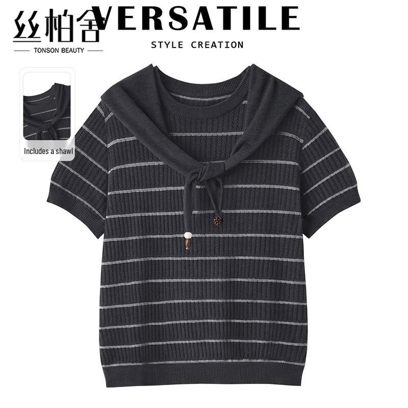 Women s Striped Round Neck Short Sleeve Wool Blend T-Shirt One Size