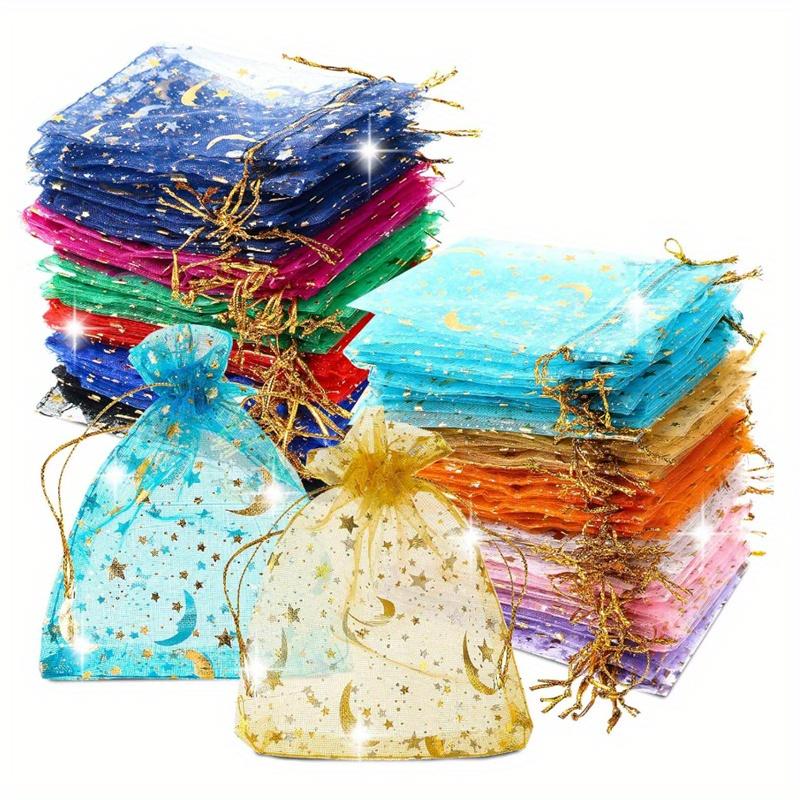 100 Moon Star Gauze Bags, Wedding Gift Bags with Drawstrings, Small Mixed-color Gift Bags, Party Gift Bags