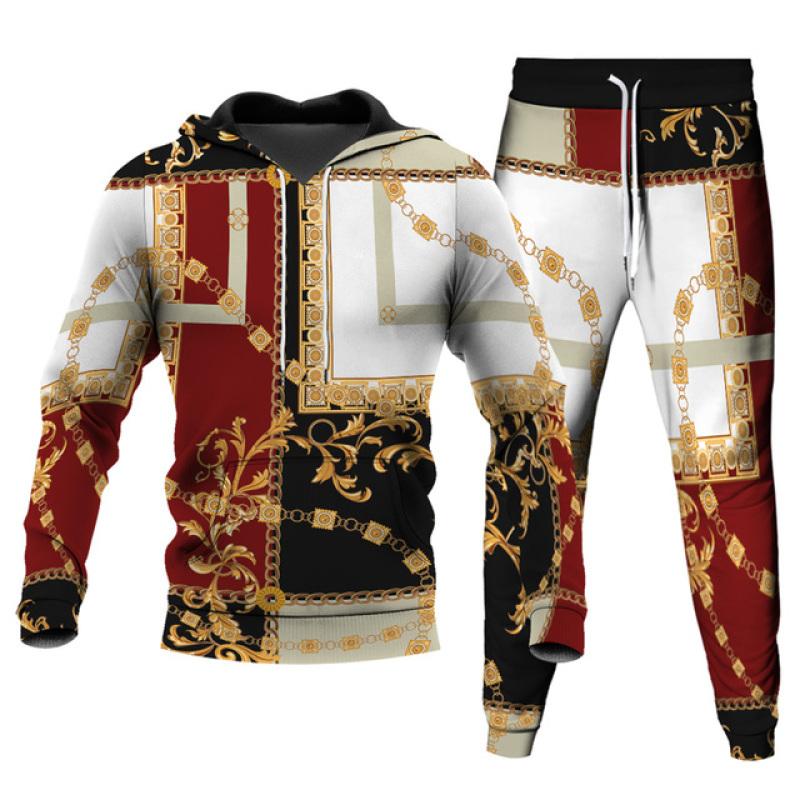

Мужские комплекты из 2 предметов, большие толстовки с капюшоном, длинные брюки, модный спортивный костюм, уличная одежда с 3D леопардовым принтом и золотой цепочкой, одежда унисекс, S-6XL XL