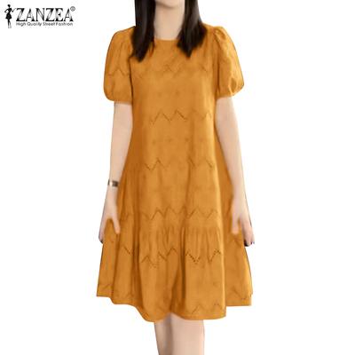 Women Summer Round Neck Short Sleeve Embroidery Patchwork Dress