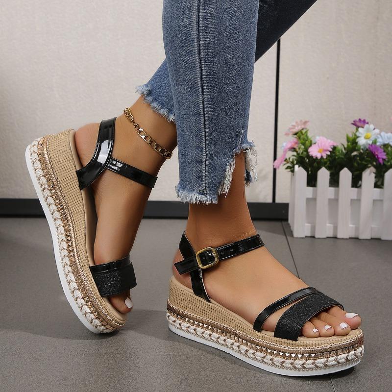 Summer New Large Size Fish Mouth Buckle Wedge Sandals Women's Fashion and Comfort Thick-soled Glossy Women's Sandals