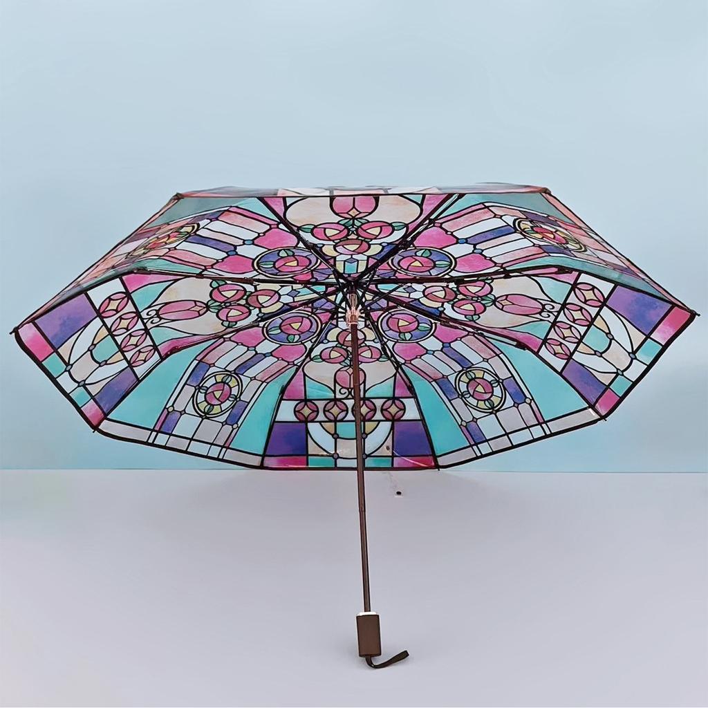 Regenschirm Automatischer japanischer 23-Zoll-Kirchenglasschirm Transparenter POE Gerader Mast Langer Griff Sunny Umbrella Glass Buntes Muster