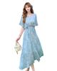 Flower Print Resort Half Elastic Light Blue Dress [Collecala] Dress, Style, V-Neck, Sleeves, Mid-Length, Waist, Travel, Beach,