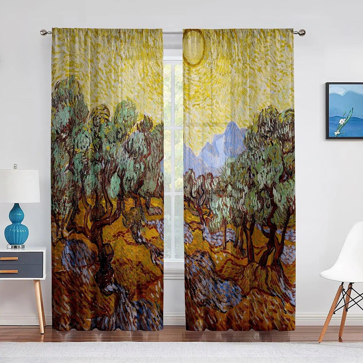 Wheat Field With Cypresses Van Gogh Art Tulle Sheer Curtains Transparent Window Drapes For Living Room Bedroom Decor W50xH130(CM)x2PCS-Rod pocket