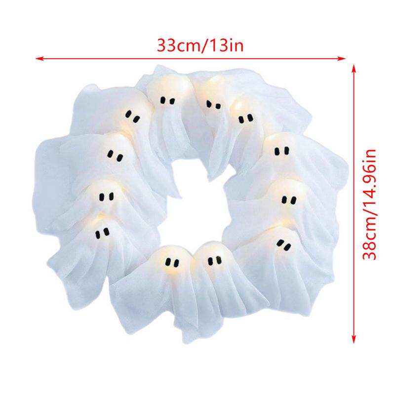 Halloween Ghost Wreath, 12 Led Light-Up White Ghost Garland, Spooky Indoor & Outdoor Hanging Decoration For Front Door, Wall