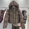 Retro plaid hooded down jacket short winter new college style thickened bread jacket white duck down jacket