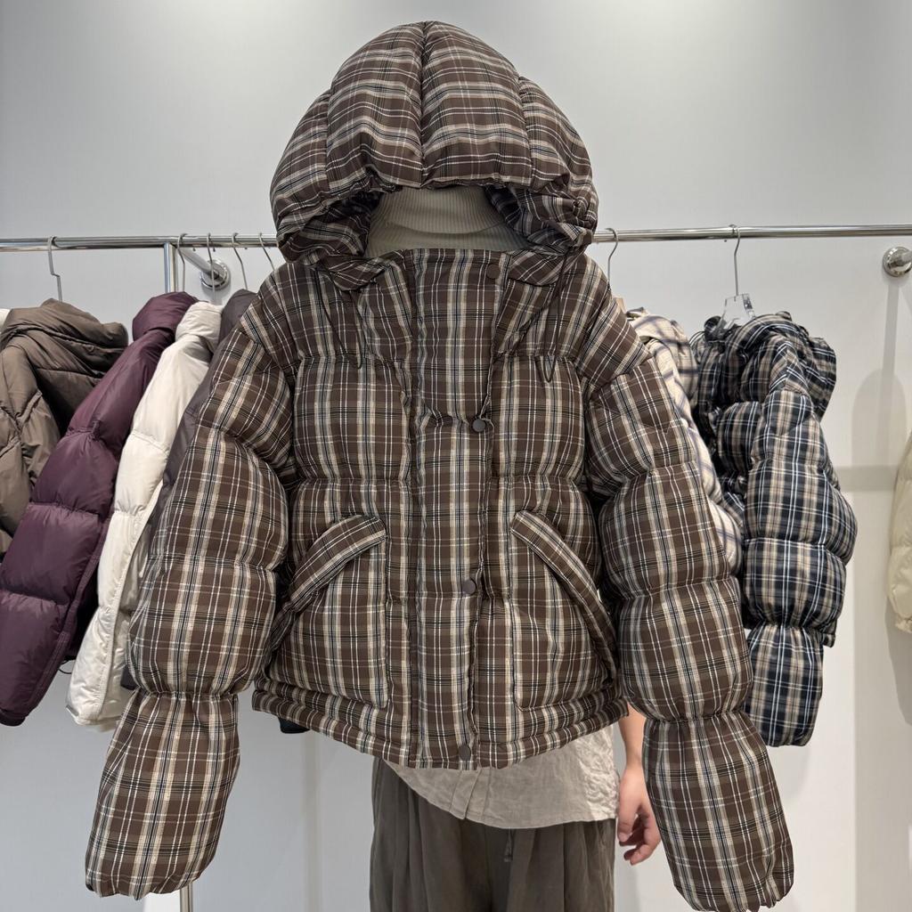 Retro plaid hooded down jacket short winter new college style thickened bread jacket white duck down jacket