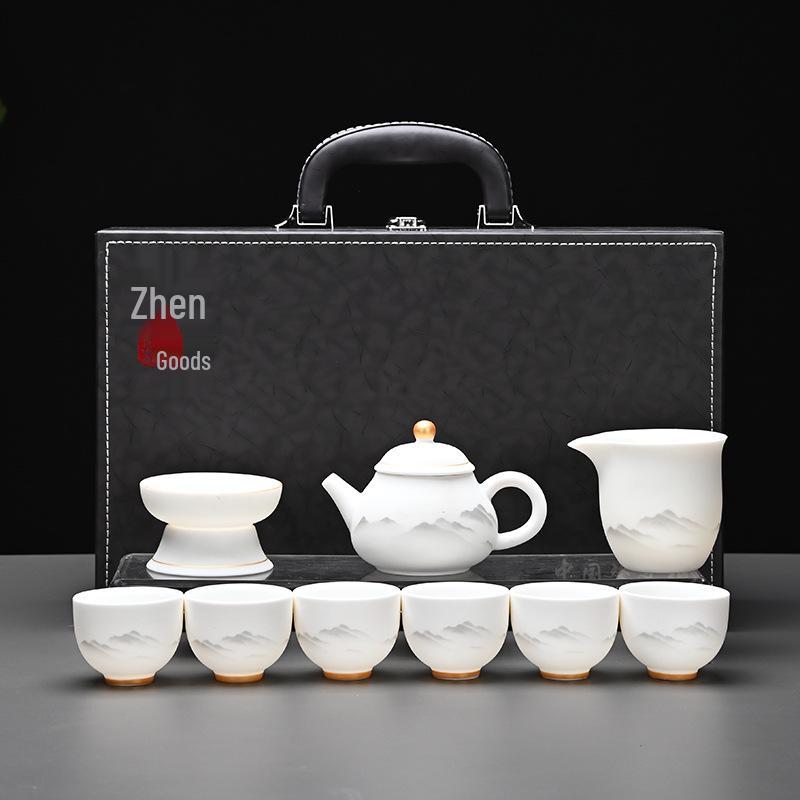 Kung Fu Mutton Fat Jade Gaiwan Teapot Set - Gold-Painted Luxury Tea Set