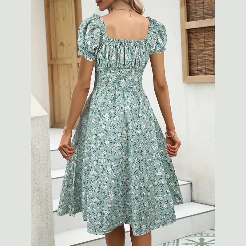 Women Summer Lantern Sleeve Ruffles V Neck Floral Printed One Piece Dress