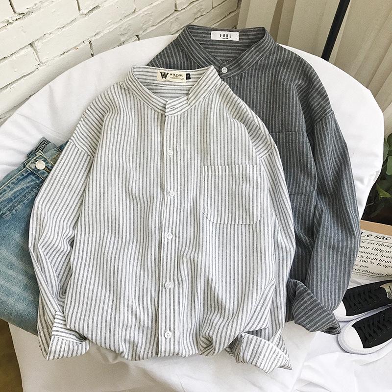 Korean-Style Men's Handsome Striped White Long-Sleeved Shirt - Loose Fit, Summer Sun Protection, Hong Kong and Japanese-Inspired.