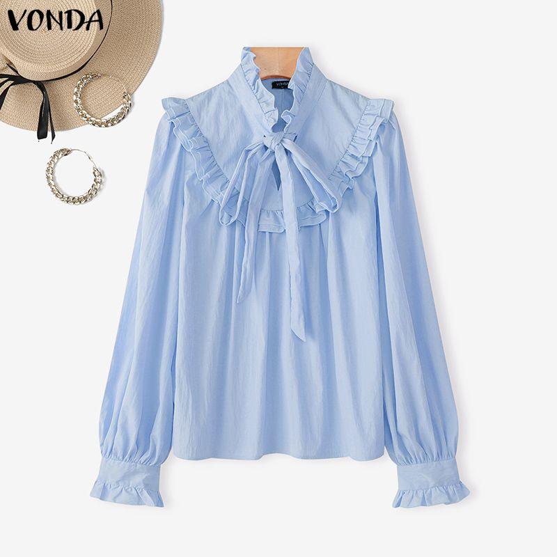 VONDA Elegant Women Bows Tie Ruffled Loose Casual Long Sleeve Blouse
