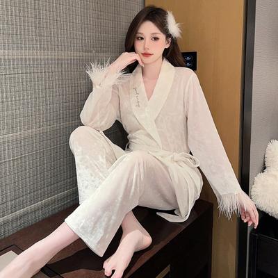 Herbst und Winter Feder Stil Gold Diamant Dunkel Gestreift Samt Pyjama Damen Zweiteiliges Hausanzug Pyjama Set