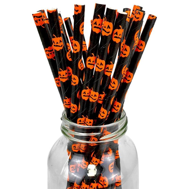 25pcs Halloween Theme Disposable Paper Straws Spider Skull Pumpkin Bat Pattern Happy Halloween Party Decor Supplies