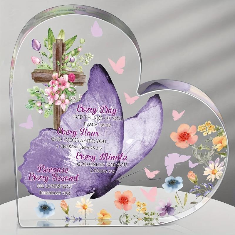 2D Flat Inspirational Religious Gifts Butterfly Acrylic Heart Shaped Desktop Decoration Plaque, Home Decor Plaque Hanging Wall Art Decorative Garden D 10*10CM