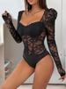 Elegant Lace Trim Bodycon Black Bodysuit with Square Neck