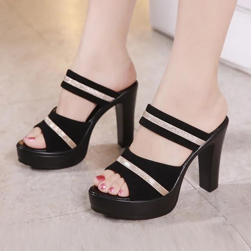 10cm Small Size 32-43 Summer Mix Color Block High Heels Shoes 2025 Soft Leather Slippers Platform Slides for Office Model Work