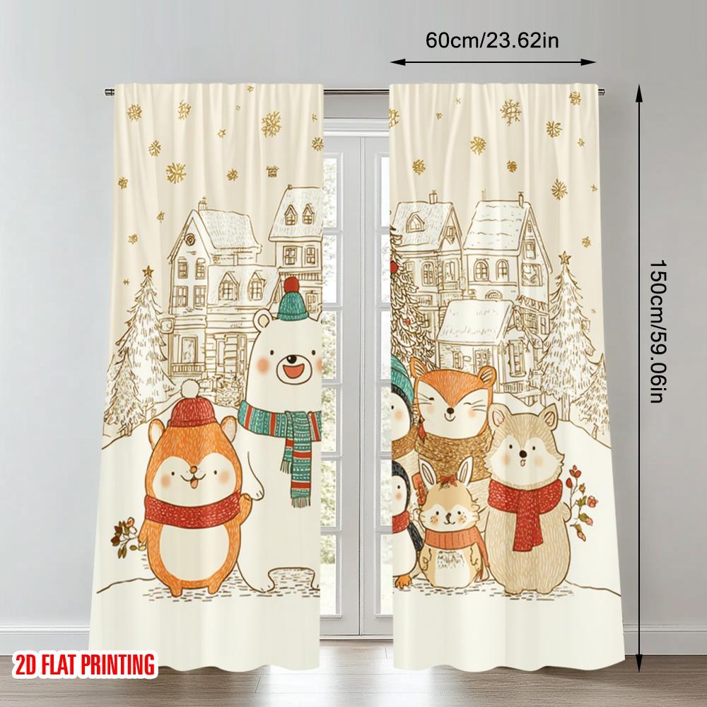 2pcs 2D Flat Printing Happy Christmas Fashion Curtains Cute Christmas Animals Snowflakes Holiday Digital Printed Polyester
