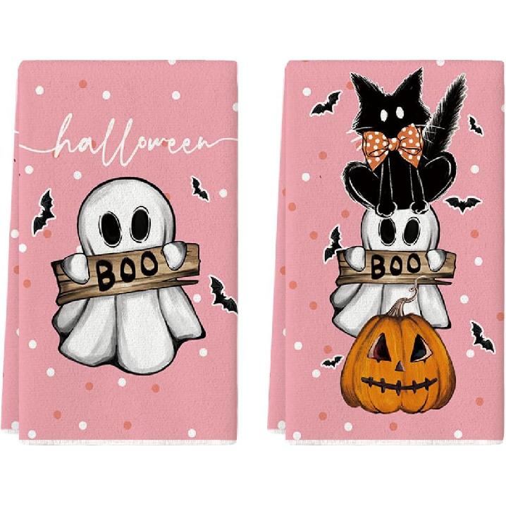Artoid Mode Black Cat Pumpkin Ghost Halloween Kitchen Towels Dish Towels, 18x26 Inch Bats Jack-O'-Lantern Decoration Hand Towels Set of 2