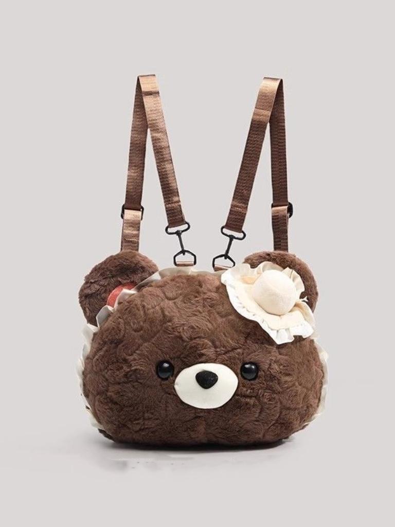 Cute Cartoon Plush Bear Backpack For Women Lightweight Casual Foldable Shoulder Bag With Zipper