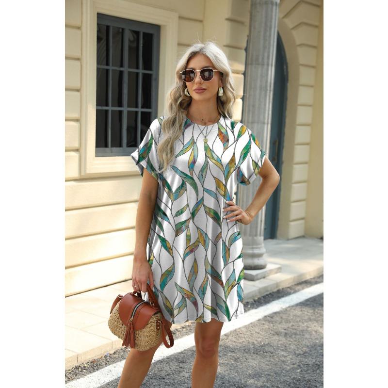 YYFS Damenmode Sommer Frühling Blumenmuster Druck Kurzarm O-Ausschnitt Lose Taille Freizeitkleider