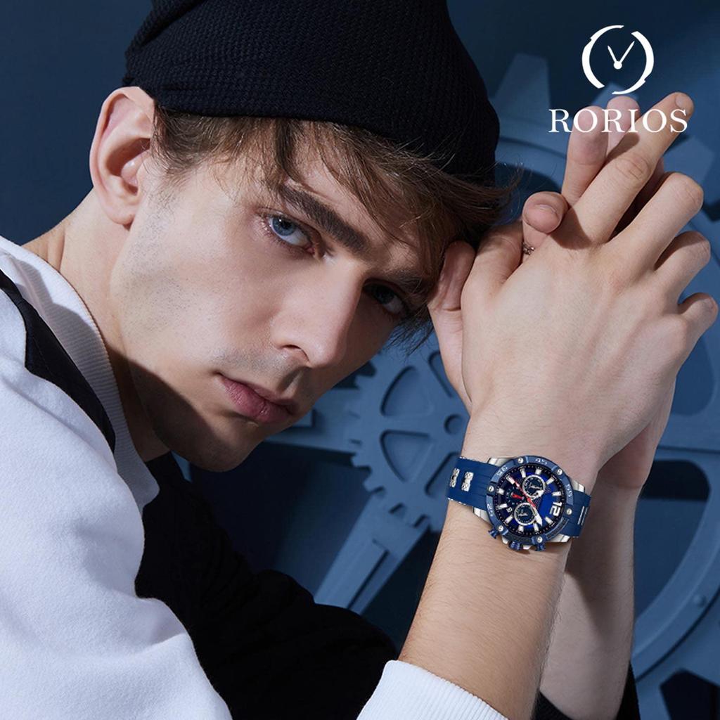RORIOS Stylish Chronograph Watch with Calendar and Date Luminous Analog Quartz Popular for Business and Perfect for Birthdays and Blue A Men's