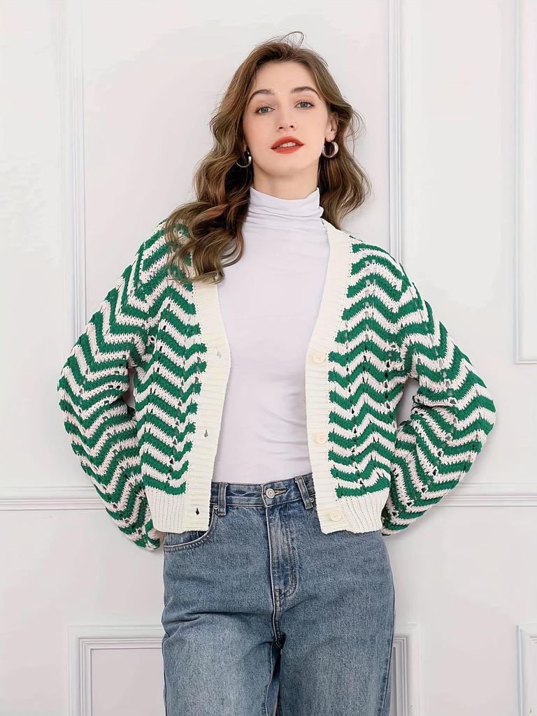 Women's Retro Striped V-Neck Button Knit Cardigan – Long Sleeve, Hollow Design for Autumn/Winter