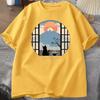 Coffee Cat in Mt Fuji Tshirt Unisex Women Round Neck Short Sleeve Tshirt Japanese Style Printed TShirt Cotton Oversized Tops
