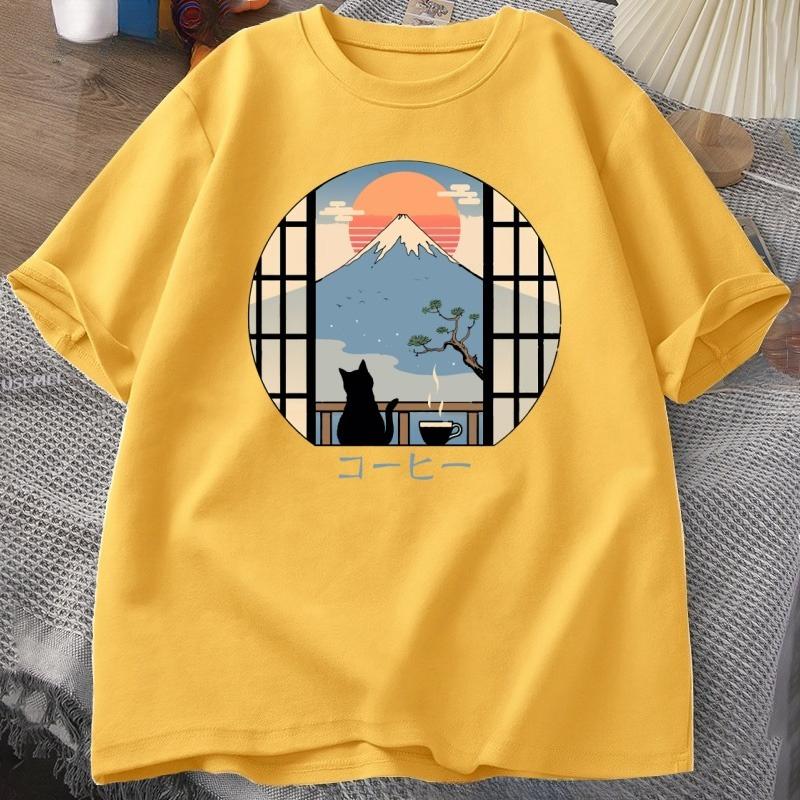 Coffee Cat in Mt Fuji Tshirt Unisex Women Round Neck Short Sleeve Tshirt Japanese Style Printed TShirt Cotton Oversized Tops