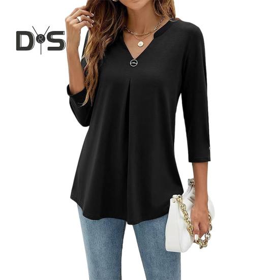 Dámské topy Výstřih do V Knoflíková ozdoba 3/4 rukáv Pulovr Topy Jednobarevné Zmačkané Tričko Ležérní styl Denní nošení