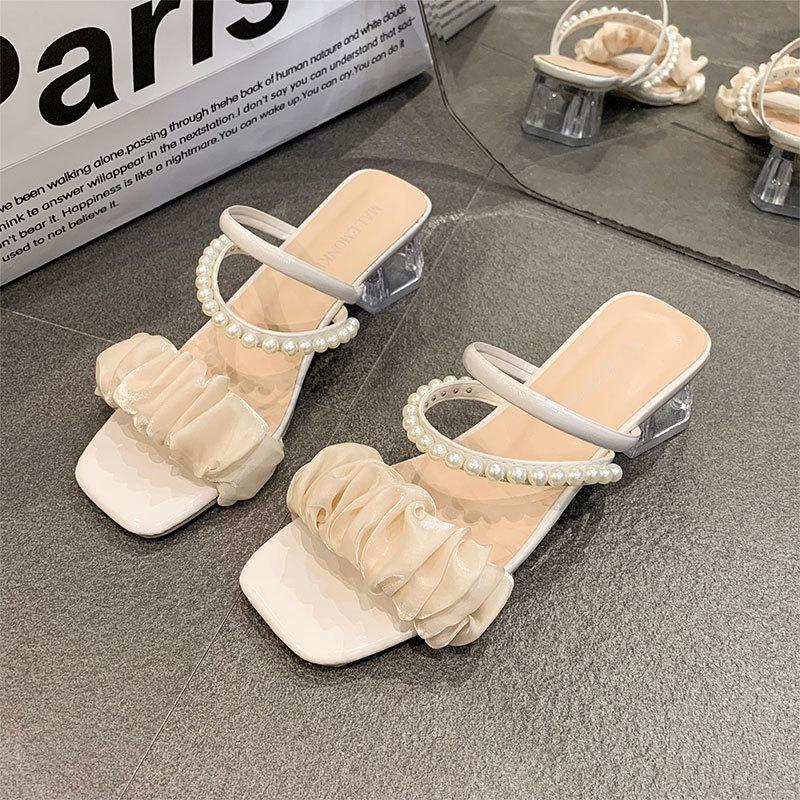 

Fairy wind thick heel non-slip outer wear crystal high heel cool slippers 2025 summer new Internet celebrity two wear sandals woman 40 бежевый