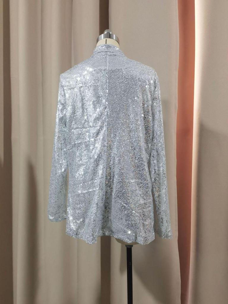 Women's Sequin Lapel Cardigan Blazer - Solid Color, Long Sleeve, Casual